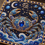 Close-up of glossy pearls and printed canvas in the cancer design