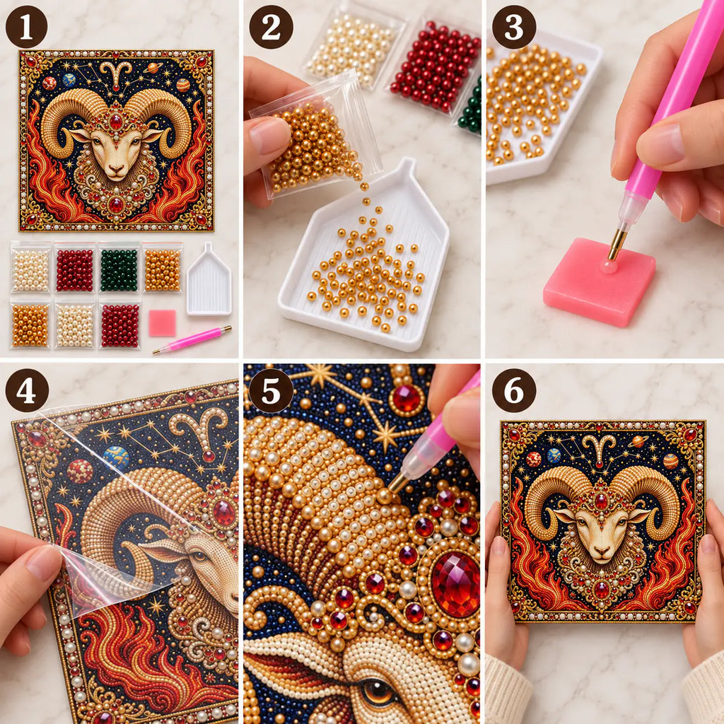 Six illustrated steps for placing pearls on the cancer design
