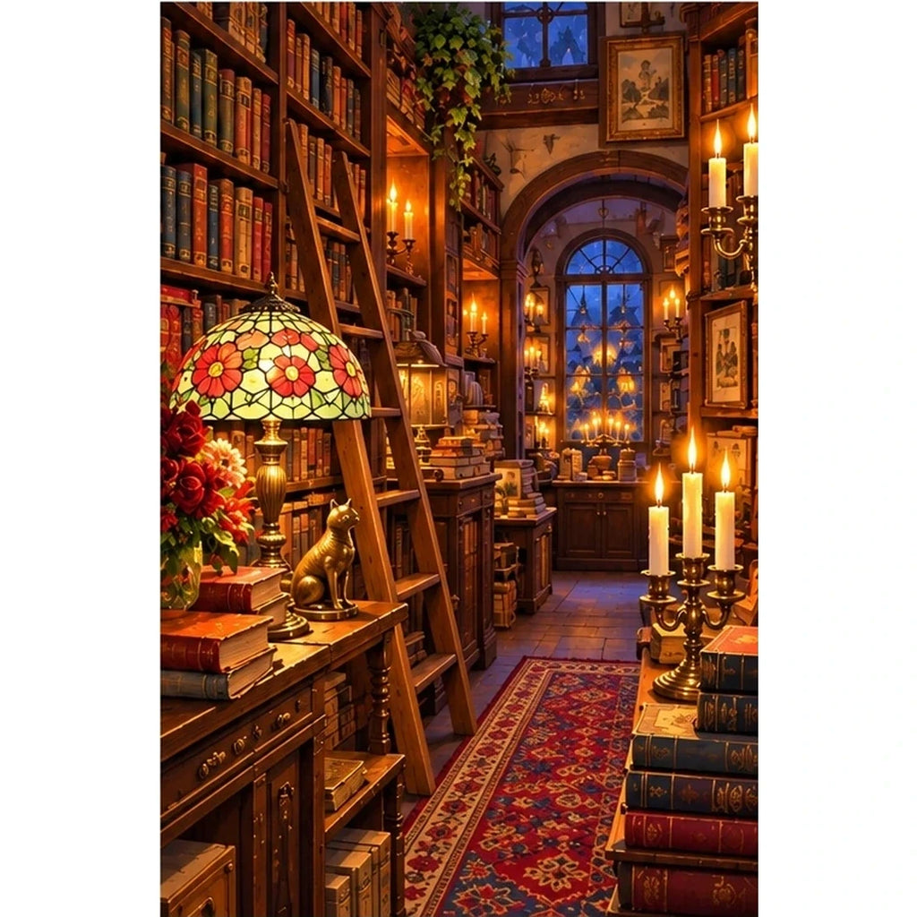 Candlelit Vintage Bookshop — original artwork on a clean white background