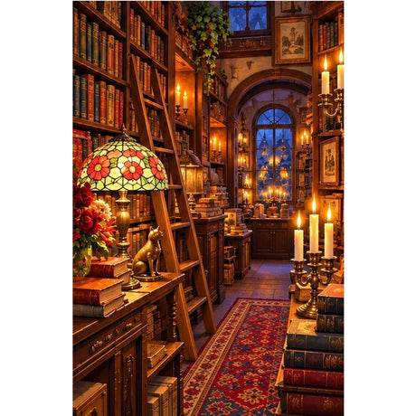 Candlelit Vintage Bookshop — original artwork on a clean white background