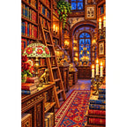 Candlelit Vintage Bookshop — finished diamond painting on a white background