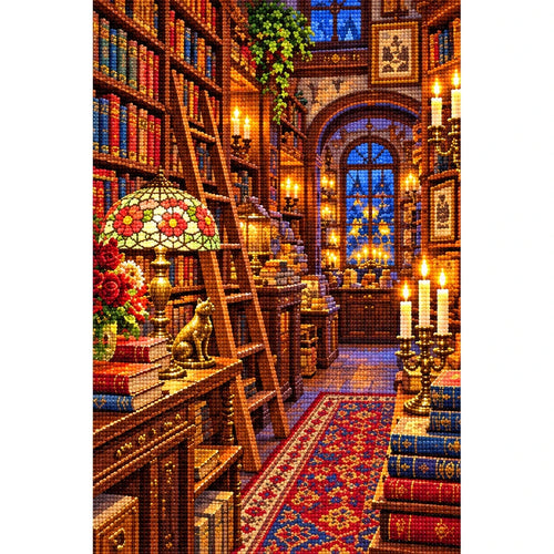 Candlelit Vintage Bookshop — finished diamond painting on a white background