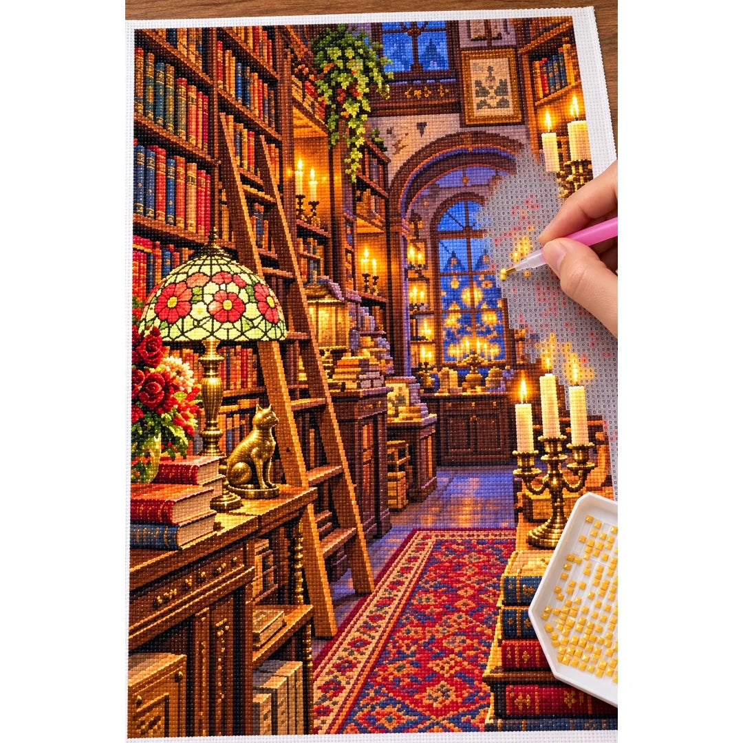 Candlelit Vintage Bookshop — diamond painting process with applicator pen