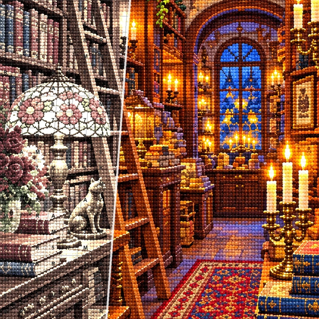 Candlelit Vintage Bookshop — close-up canvas and resin drill detail