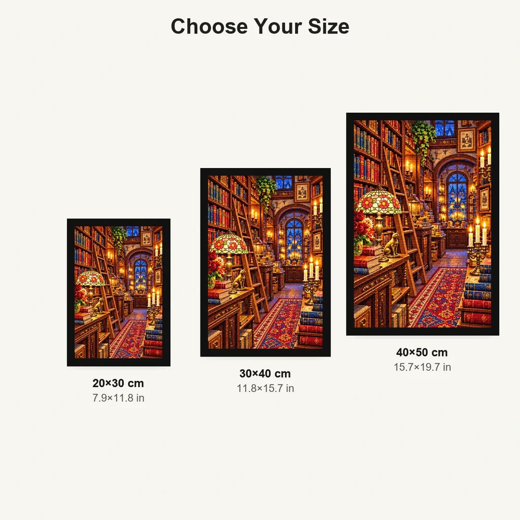 Candlelit Vintage Bookshop — size comparison for 20 × 30, 30 × 40 and 40 × 50 cm