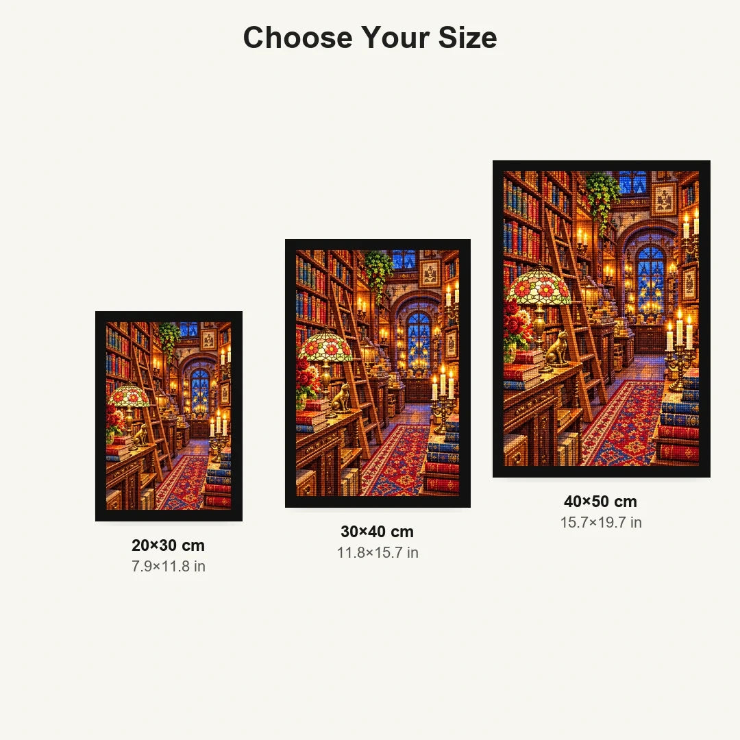 Candlelit Vintage Bookshop — size comparison for 20 × 30, 30 × 40 and 40 × 50 cm