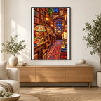 Candlelit Vintage Bookshop — finished diamond painting displayed in a home interior