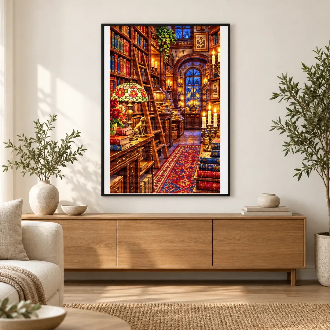 Candlelit Vintage Bookshop — finished diamond painting displayed in a home interior