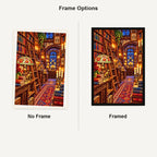 Candlelit Vintage Bookshop — No Frame and Framed style comparison
