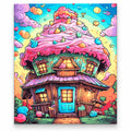 Candy Cottage Fantasy paint by numbers artwork on a front-facing canvas against a white background