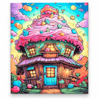Candy Cottage Fantasy paint by numbers artwork on a front-facing canvas against a white background