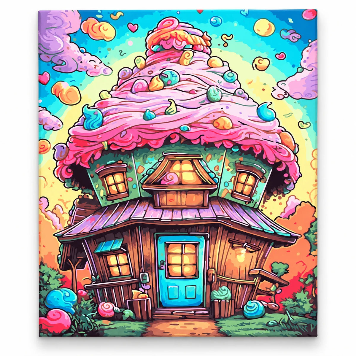 Candy Cottage Fantasy paint by numbers artwork on a front-facing canvas against a white background
