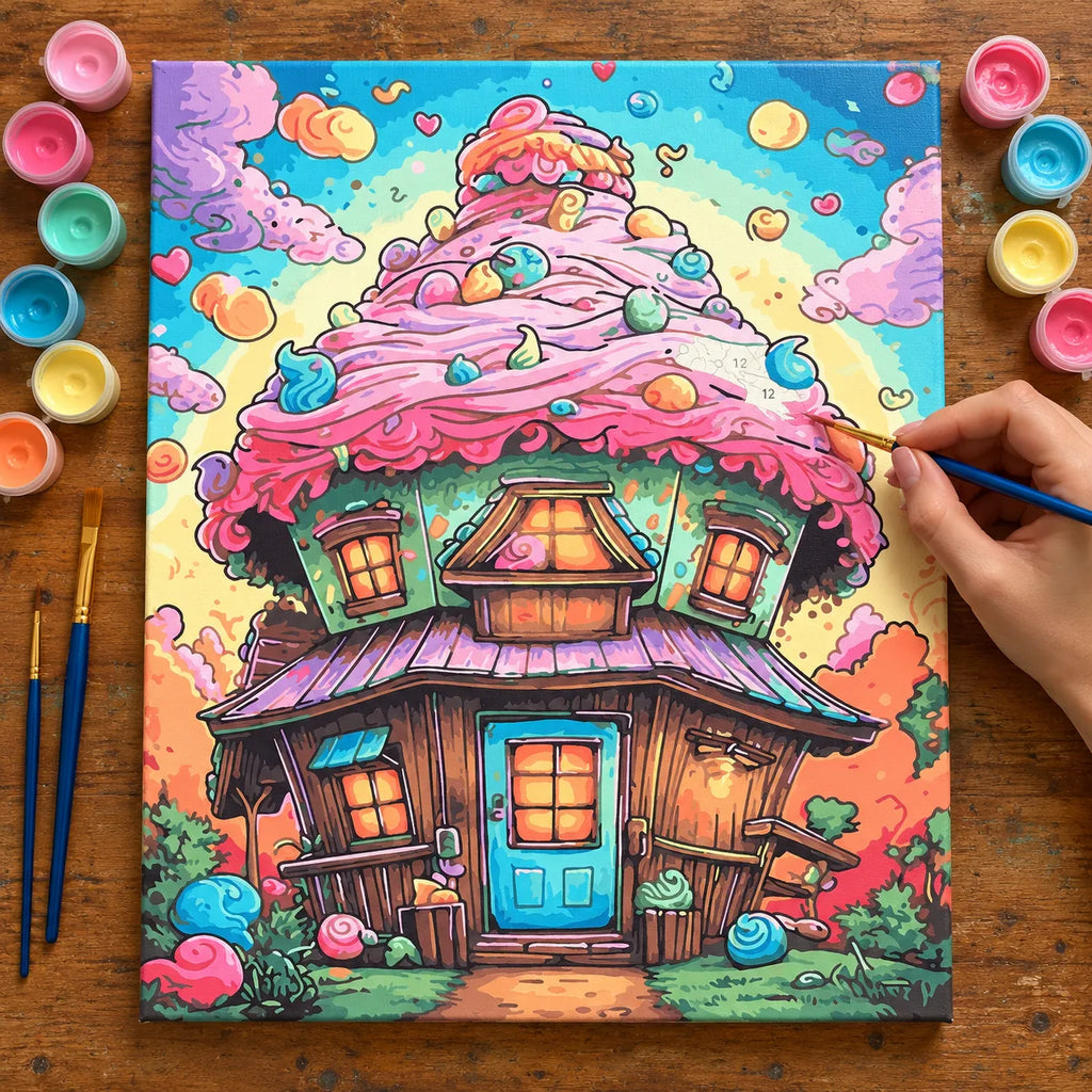 Complete Candy Cottage Fantasy numbered canvas being painted with acrylic paints and brushes