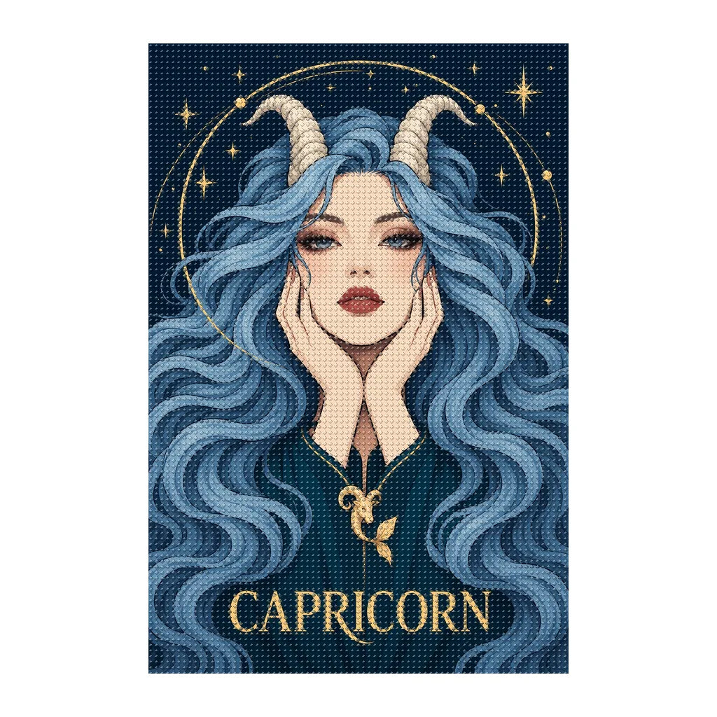Finished white-background diamond painting of Capricorn Sea Goat
