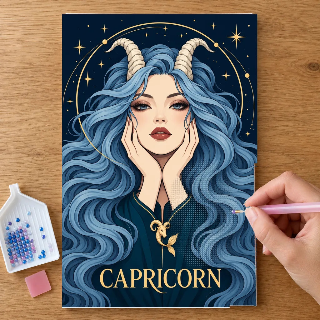 Hands placing drills on the Capricorn Sea Goat diamond painting canvas
