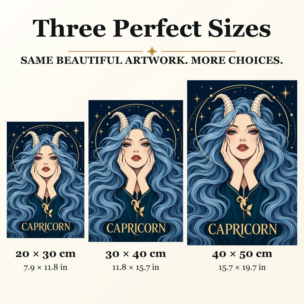 Capricorn Sea Goat diamond painting in 20 by 30, 30 by 40, and 40 by 50 centimeter sizes