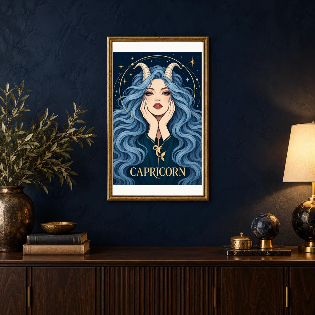 Framed Capricorn Sea Goat diamond painting displayed in a home interior