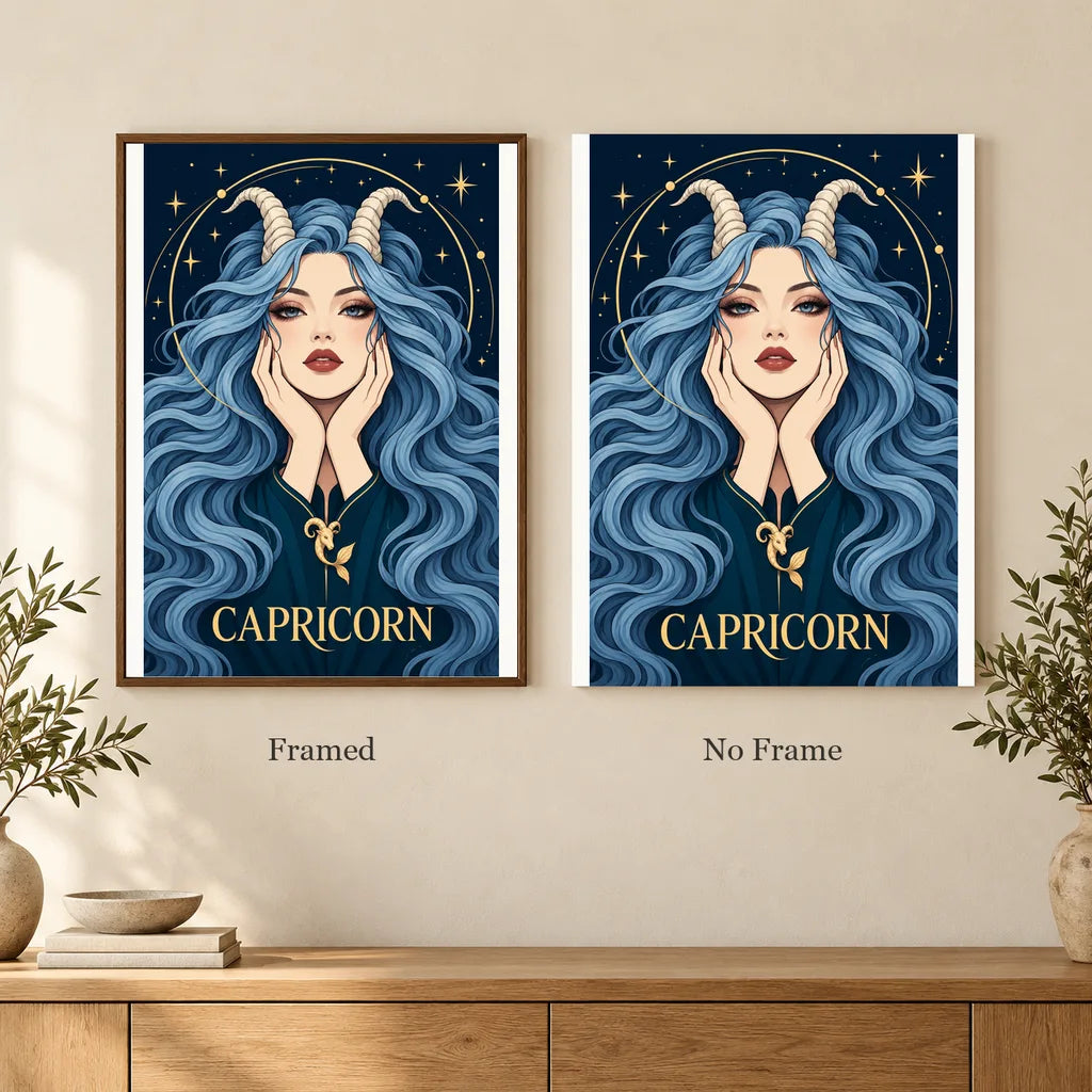 Framed and no-frame options for the Capricorn Sea Goat diamond painting