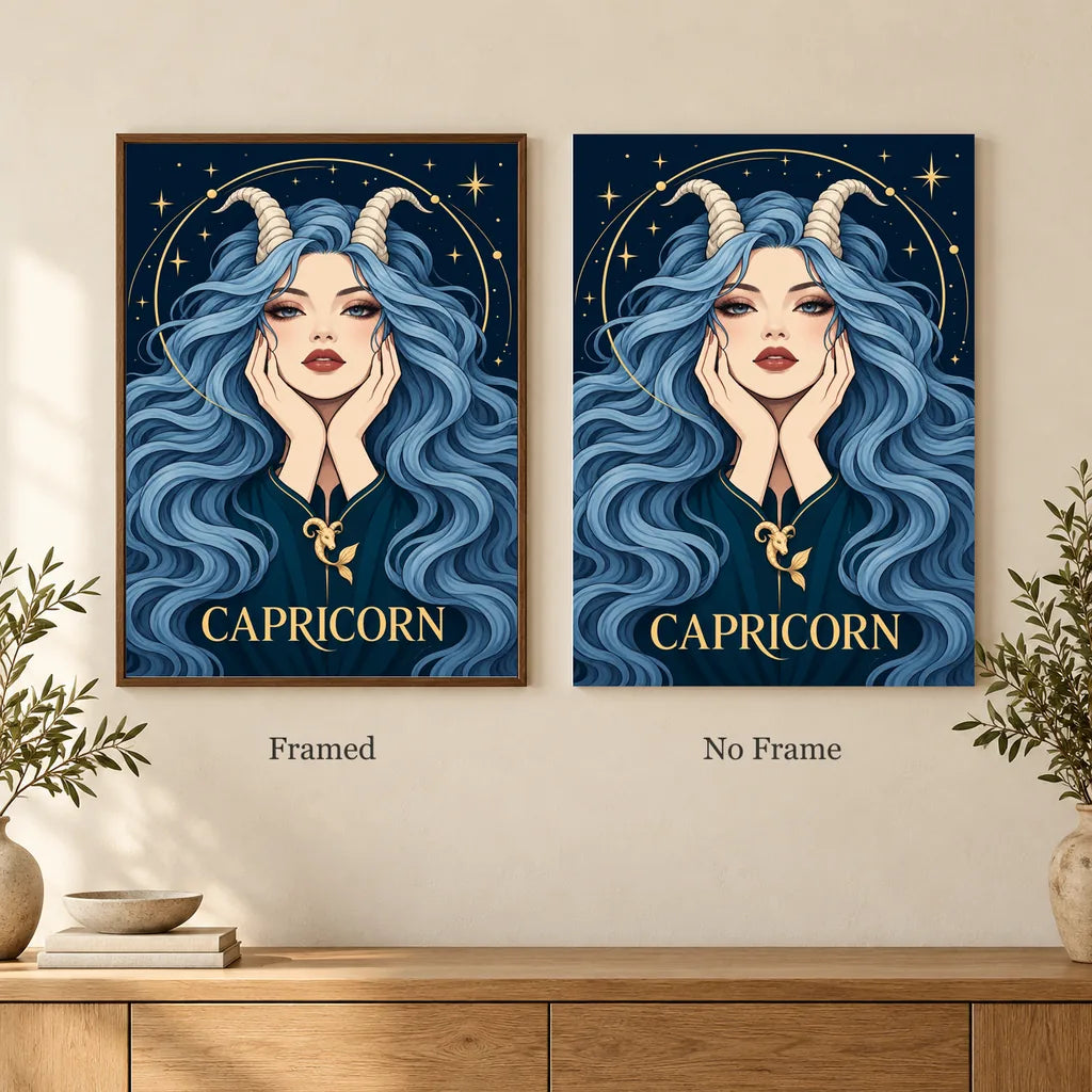 Framed and no-frame options for the Capricorn Sea Goat diamond painting