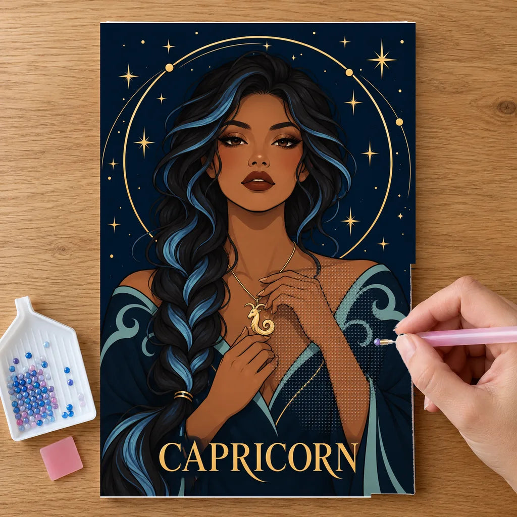 Hands placing drills on the Capricorn Frost Seagoat diamond painting canvas