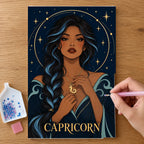 Hands placing drills on the Capricorn Frost Seagoat diamond painting canvas