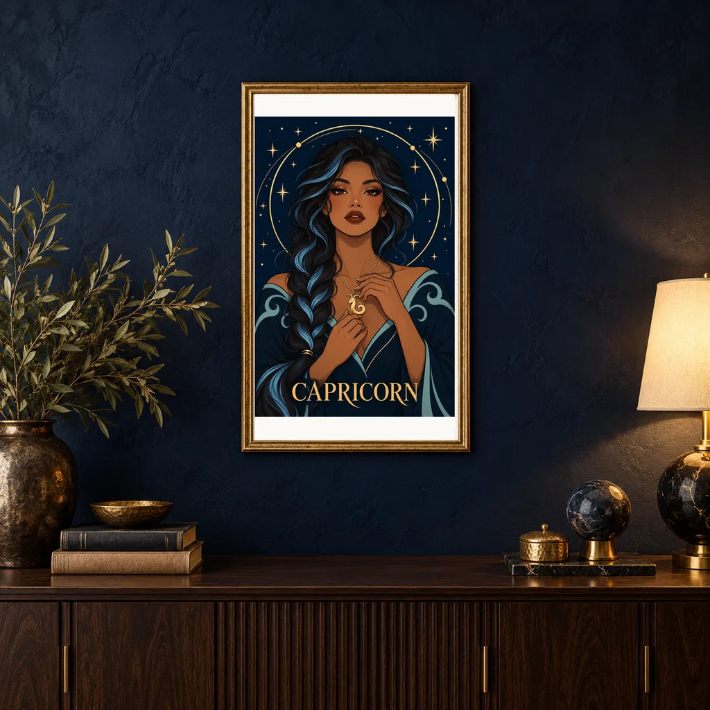 Framed Capricorn Frost Seagoat diamond painting displayed in a home interior