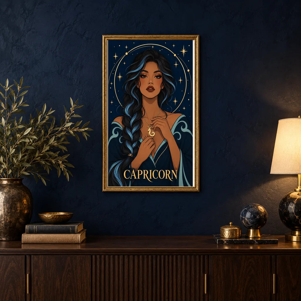 Framed Capricorn Frost Seagoat diamond painting displayed in a home interior