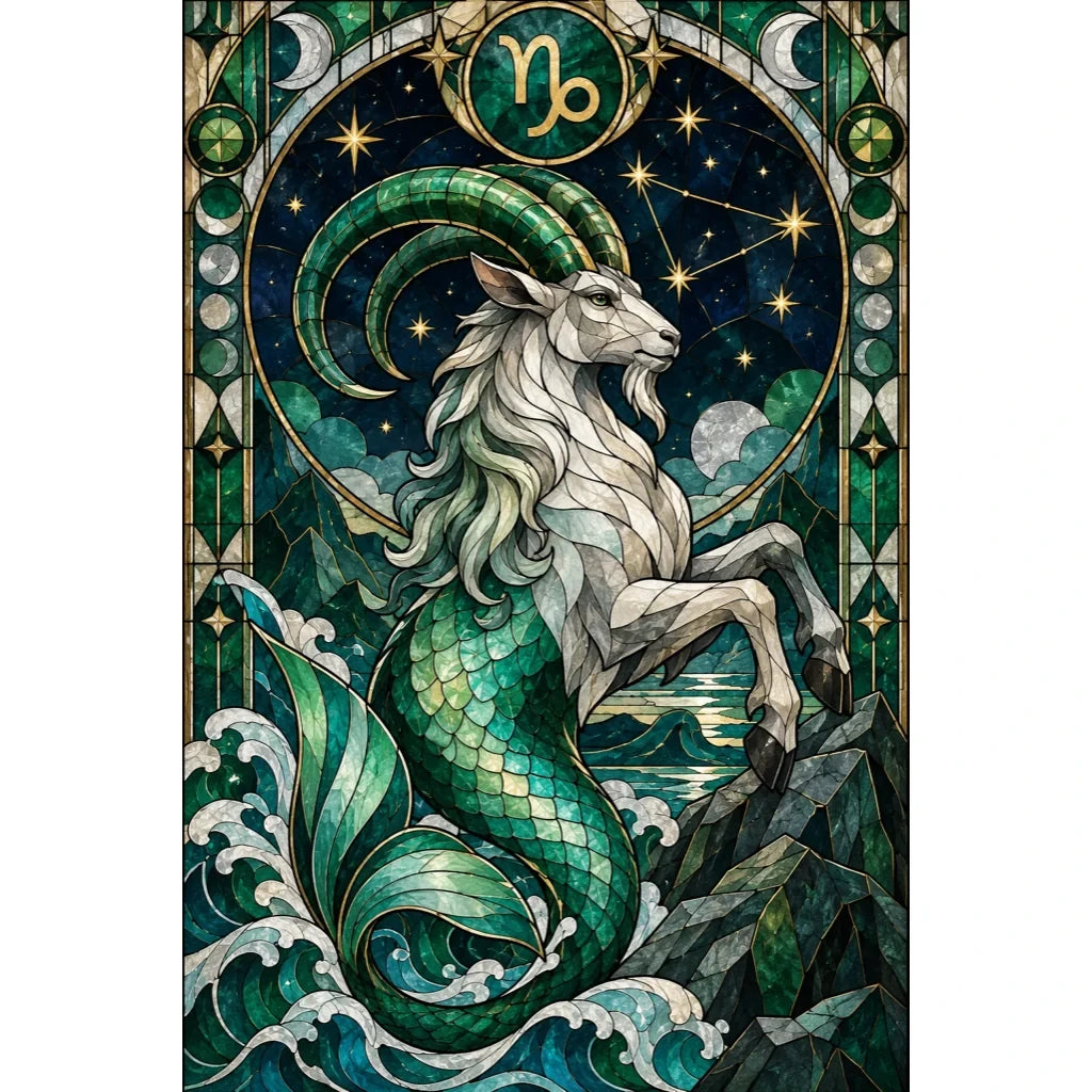 Original white-background artwork of a stained-glass Capricorn sea goat beneath the zodiac glyph