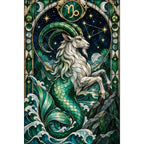 Original white-background artwork of a stained-glass Capricorn sea goat beneath the zodiac glyph