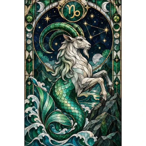 Original white-background artwork of a stained-glass Capricorn sea goat beneath the zodiac glyph