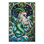 Finished white-background diamond painting of a stained-glass Capricorn sea goat