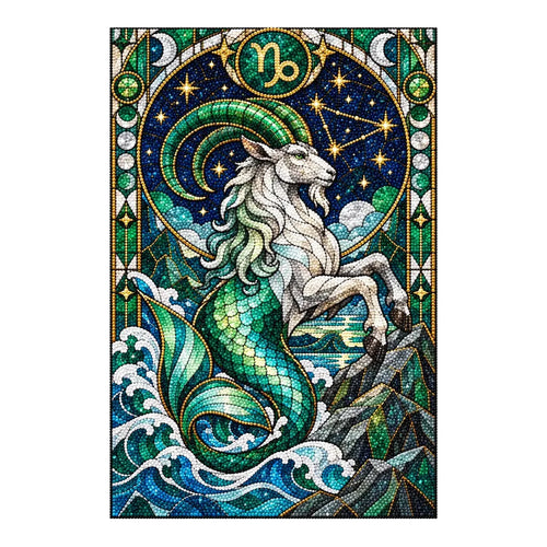 Finished white-background diamond painting of a stained-glass Capricorn sea goat
