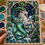 Hands placing drills on the stained-glass Capricorn sea goat design