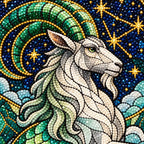 Close-up of emerald and navy drills on the stained-glass Capricorn sea goat