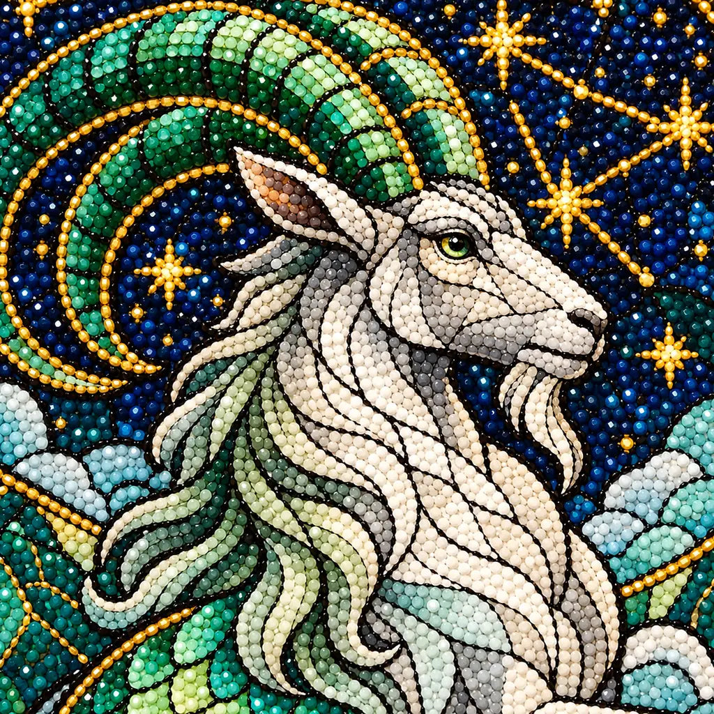 Close-up of emerald and navy drills on the stained-glass Capricorn sea goat