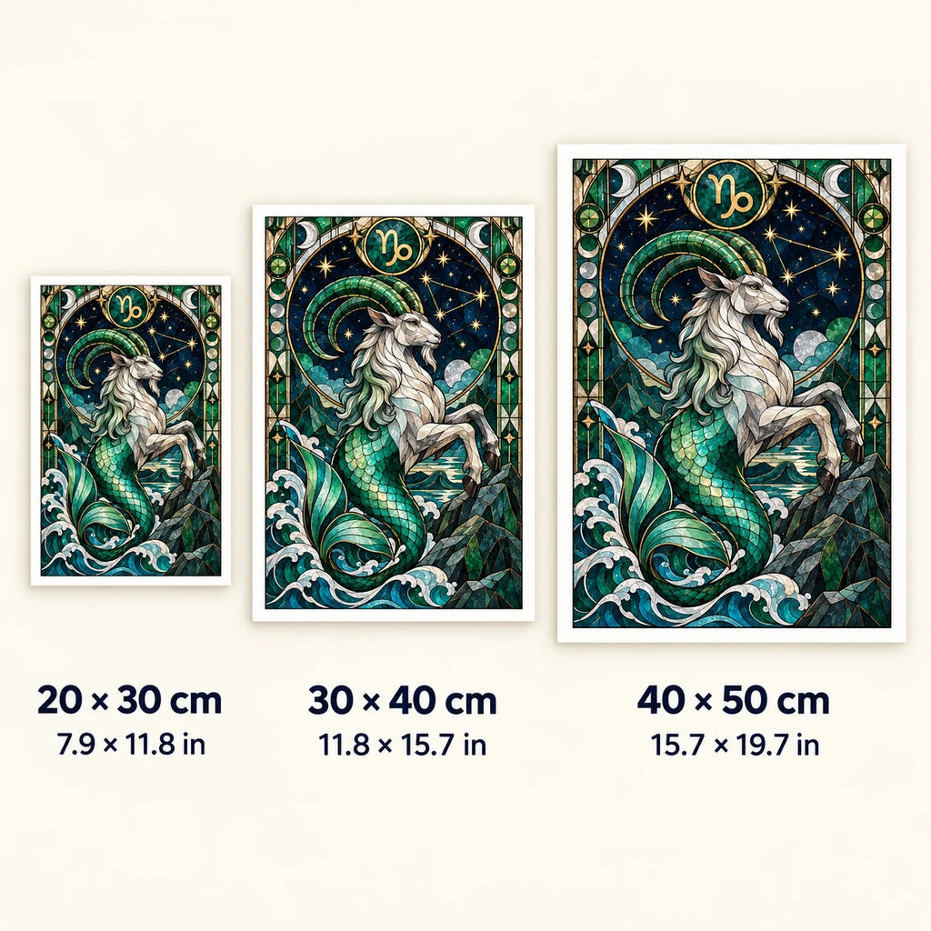 Capricorn sea goat diamond painting shown in 20 by 30, 30 by 40, and 40 by 50 centimeter sizes