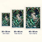 Capricorn sea goat diamond painting shown in 20 by 30, 30 by 40, and 40 by 50 centimeter sizes