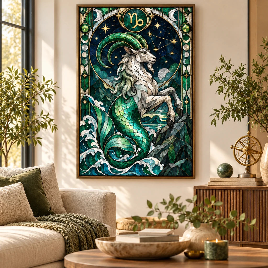 Stained-glass Capricorn sea goat diamond painting displayed in a home interior