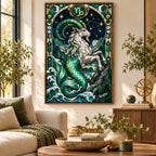Stained-glass Capricorn sea goat diamond painting displayed in a home interior