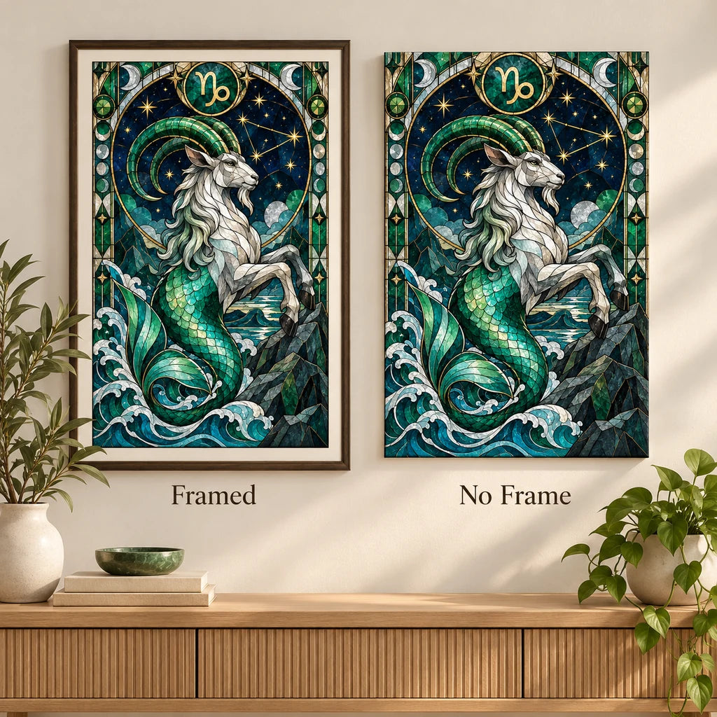 Framed and no-frame options for the stained-glass Capricorn sea goat diamond painting