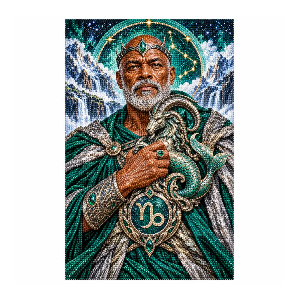 Finished white-background diamond painting — sea goat guardian