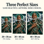 Size guide showing 20 × 30, 30 × 40, and 40 × 50 cm — sea goat guardian