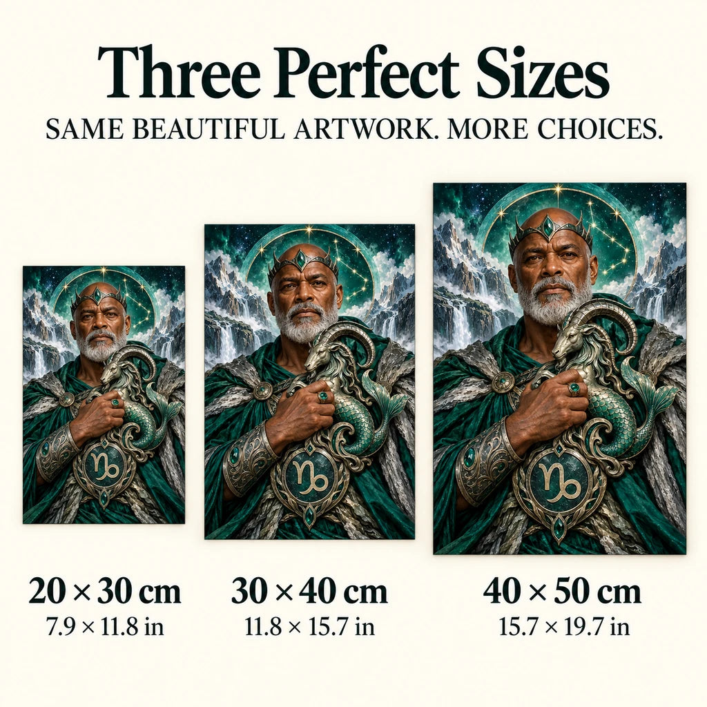 Size guide showing 20 × 30, 30 × 40, and 40 × 50 cm — sea goat guardian