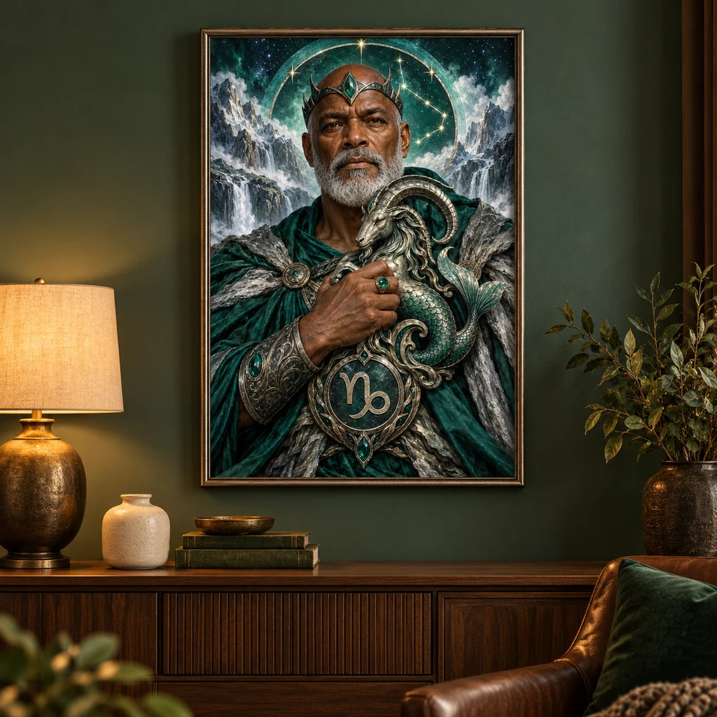 Framed artwork displayed in a home interior — sea goat guardian