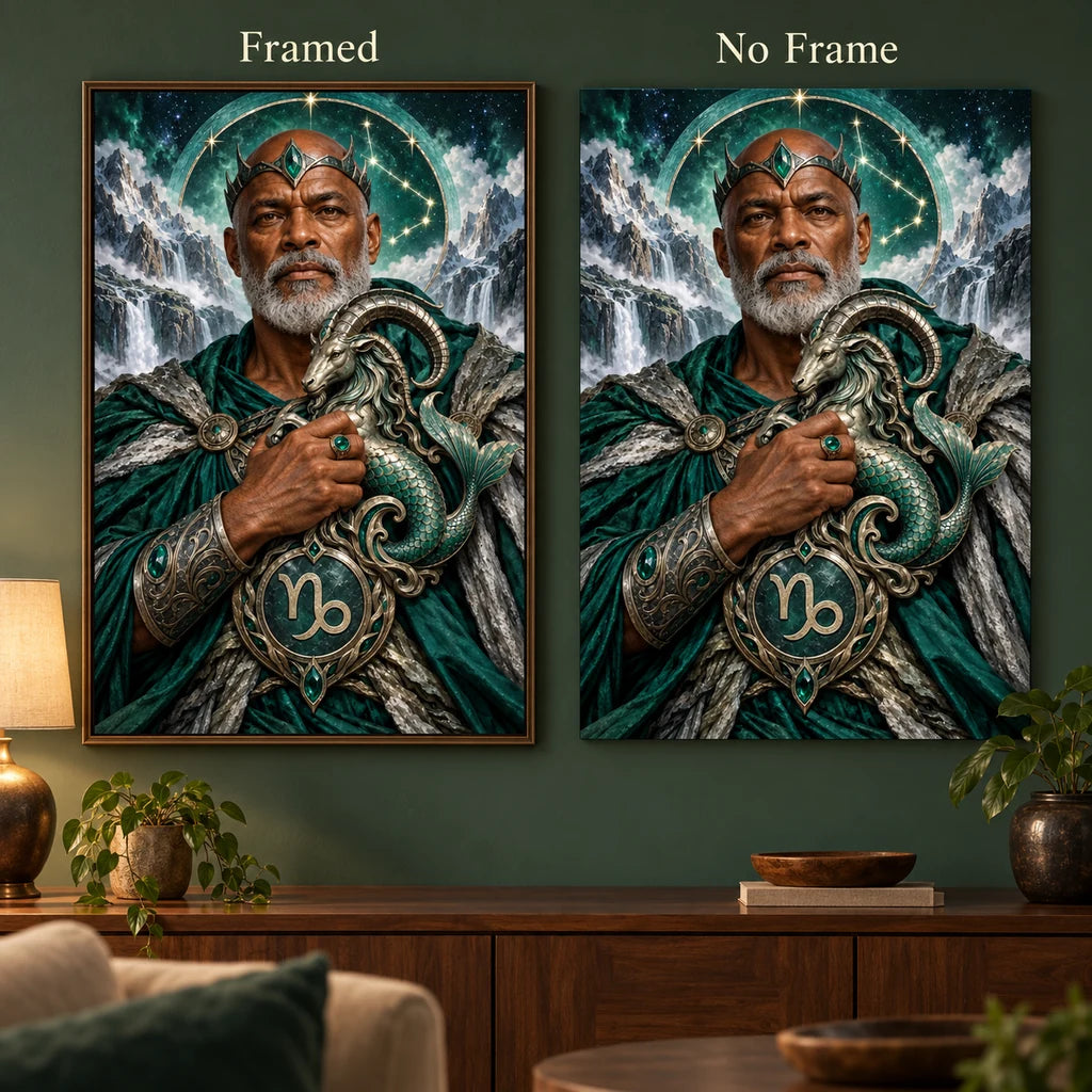 Framed and no-frame style comparison — sea goat guardian