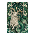 Original artwork of a white Capricorn sea goat with floral Art Nouveau zodiac ornament