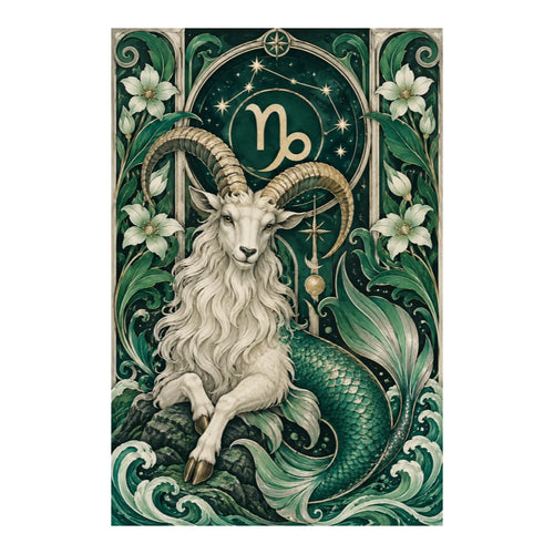 Original artwork of a white Capricorn sea goat with floral Art Nouveau zodiac ornament
