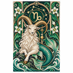 Finished diamond painting of a white Capricorn sea goat with floral Art Nouveau zodiac ornament