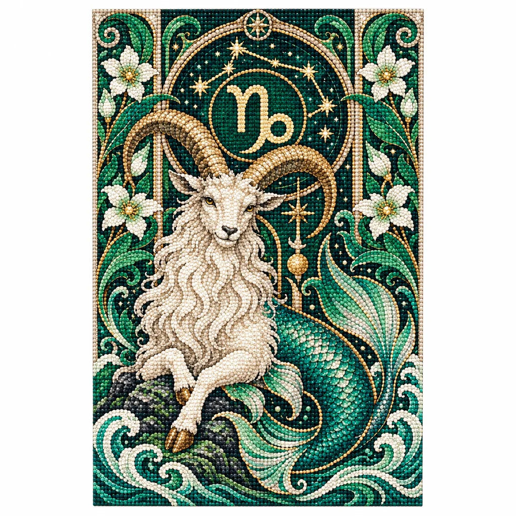 Finished diamond painting of a white Capricorn sea goat with floral Art Nouveau zodiac ornament