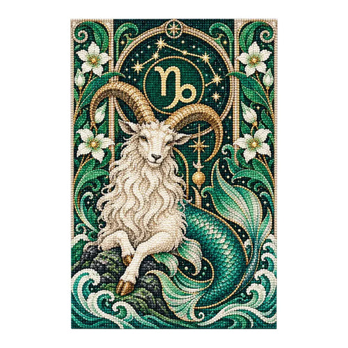 Diamond painting process placing drills on the Capricorn sea goat artwork